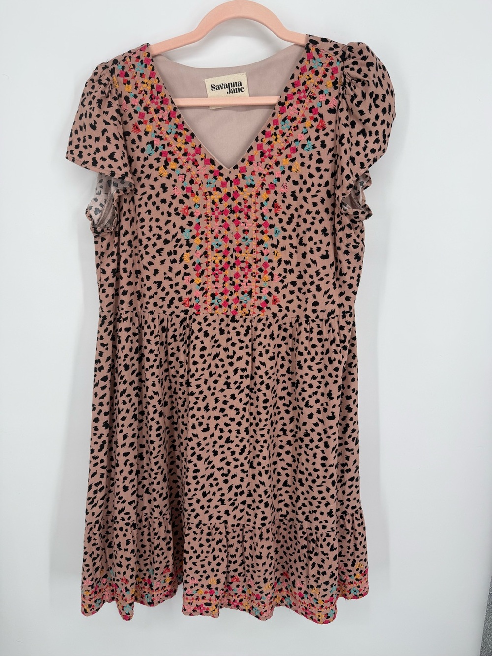 Savanna Jane Leopard Print Embroidered Flutter Sleeve Mini Dress Women Medium